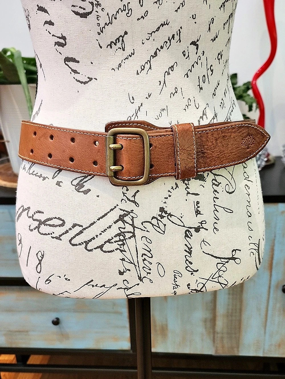 Mulberry Brown Leather Belt Antique Brass Double Prong Buckle XS